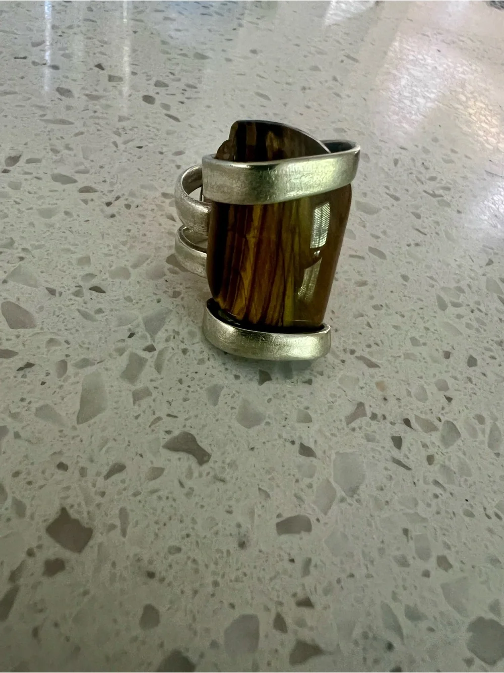Chunky Silver “Fork” Ring with Brown Tiger's Eye Stone